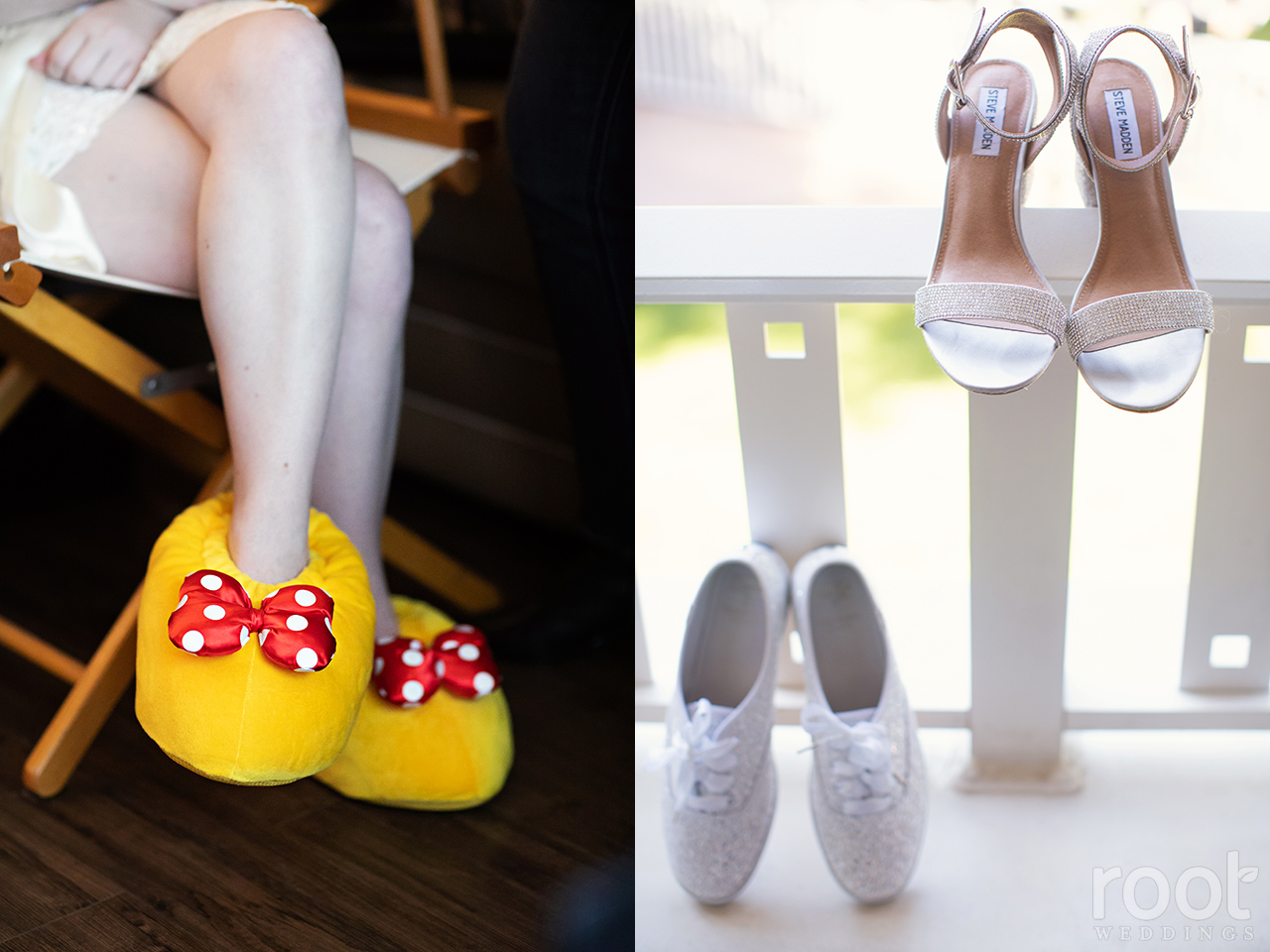 One day of bridal footwear : Minnie slippers, heels, and Kate Spade glitter Keds