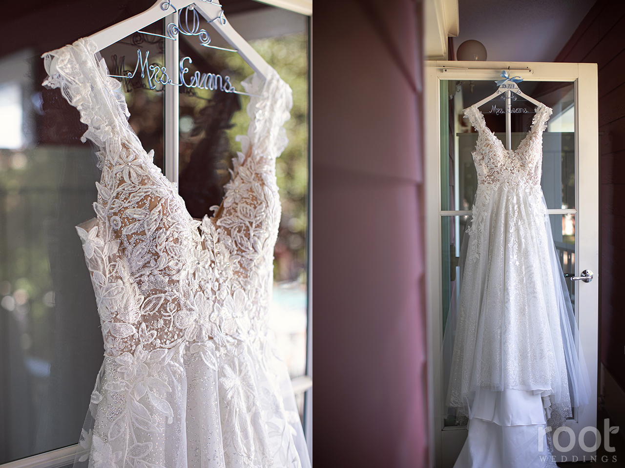 Wedding dress hanging on a Disney Boardwalk balcony