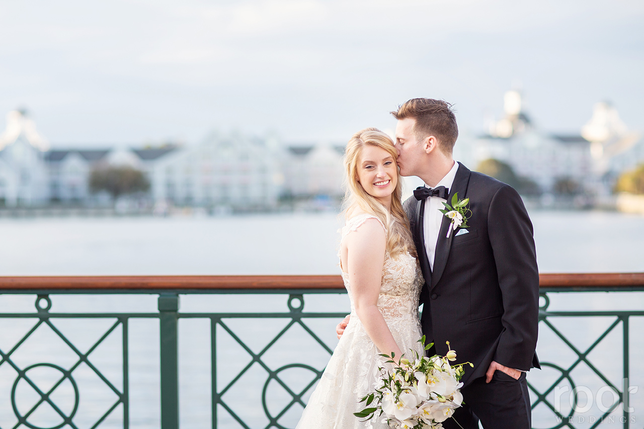 Sunset wedding photos at Disney's Boardwalk Inn Resort.