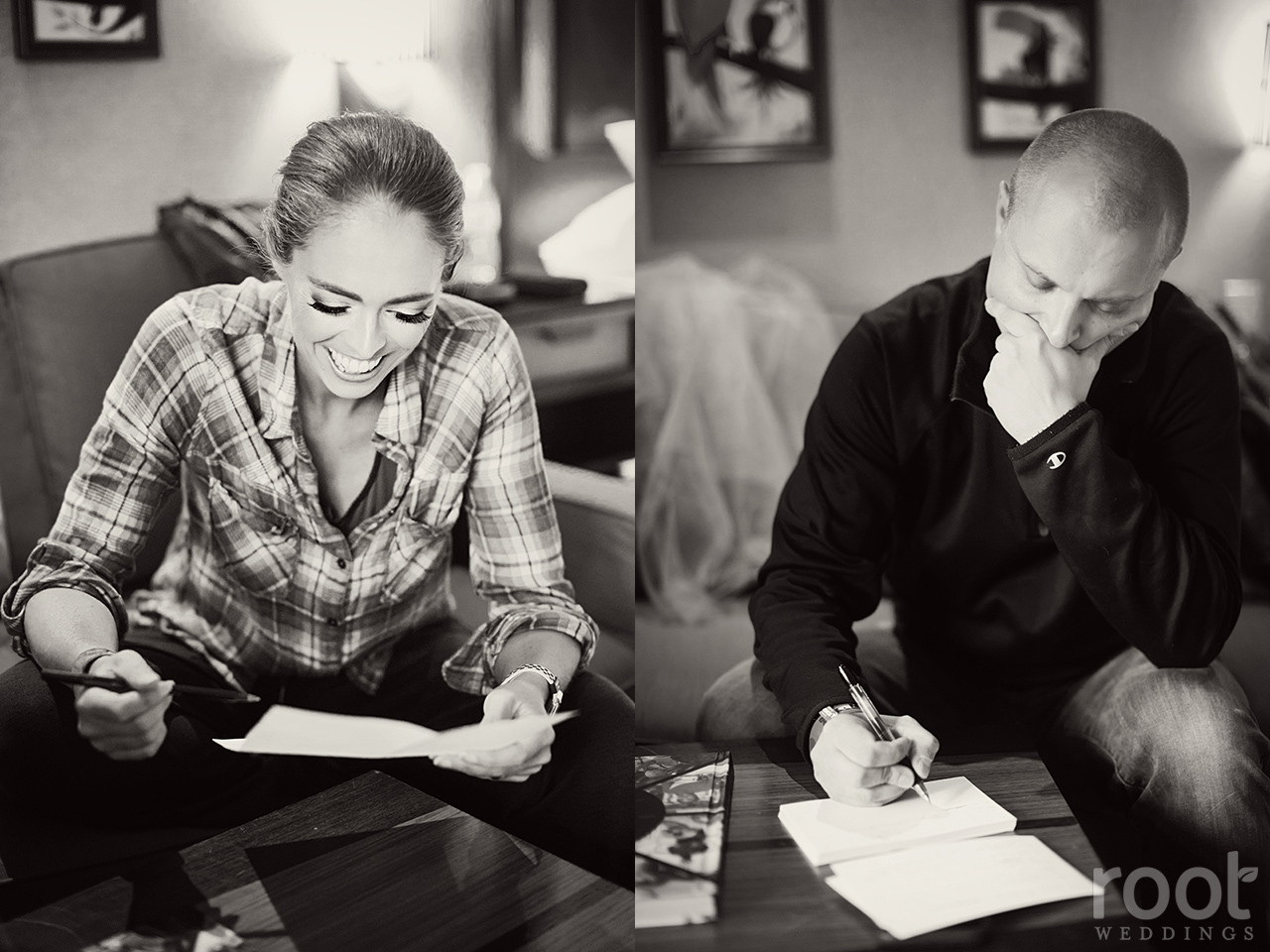 Bride and groom writing their vows