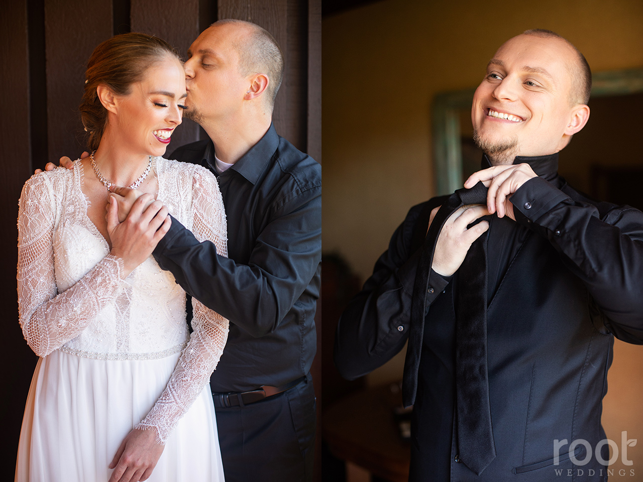 Bride and groom getting ready together